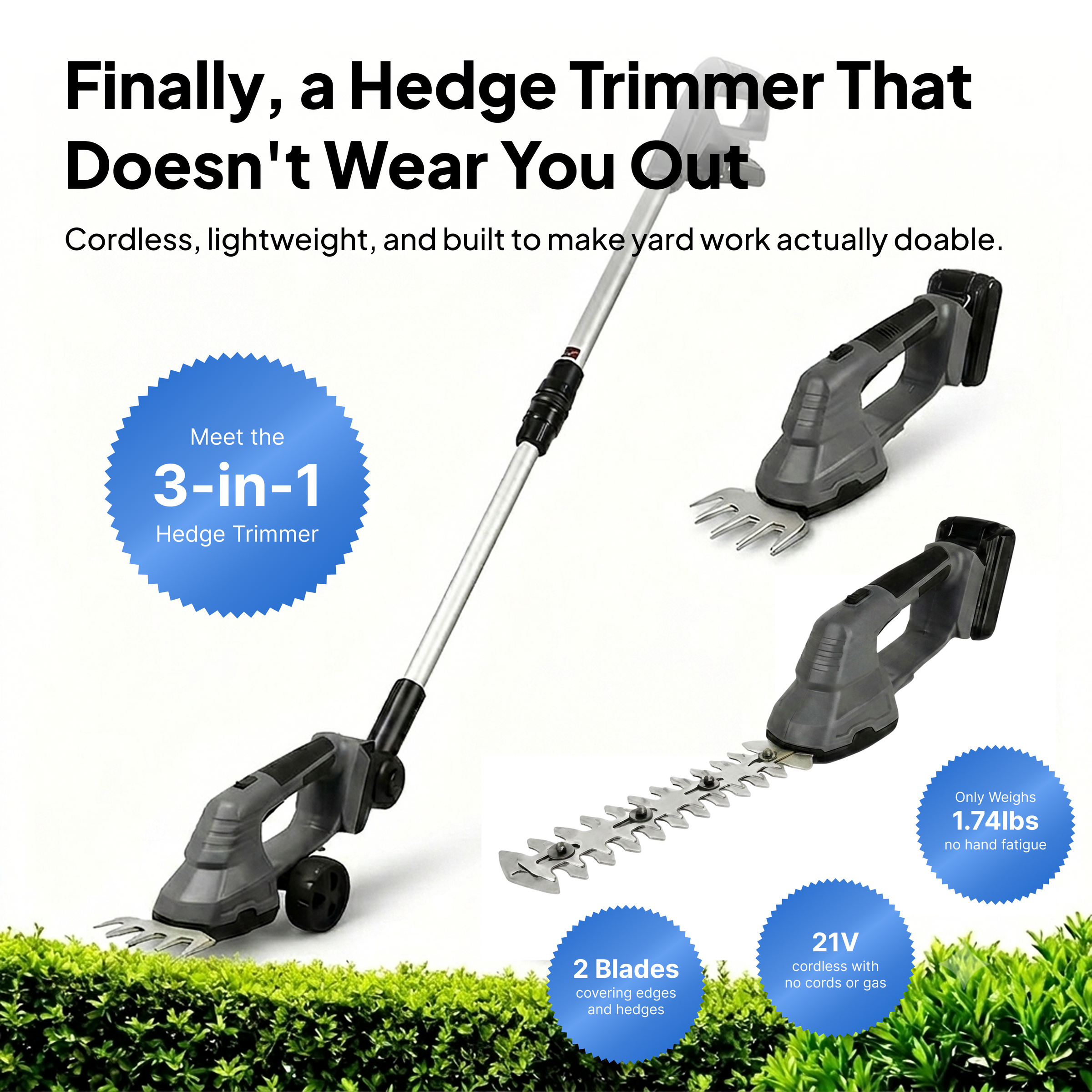 CYBER HedgeMaster Pro 3-in-1 Extended Cordless Hedge Trimmer