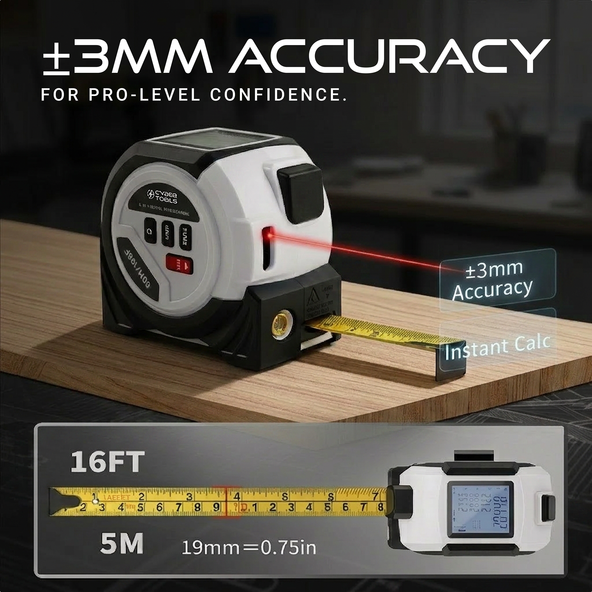Cyber Measure Pro 3-in-1 Professional Laser Tape Measure