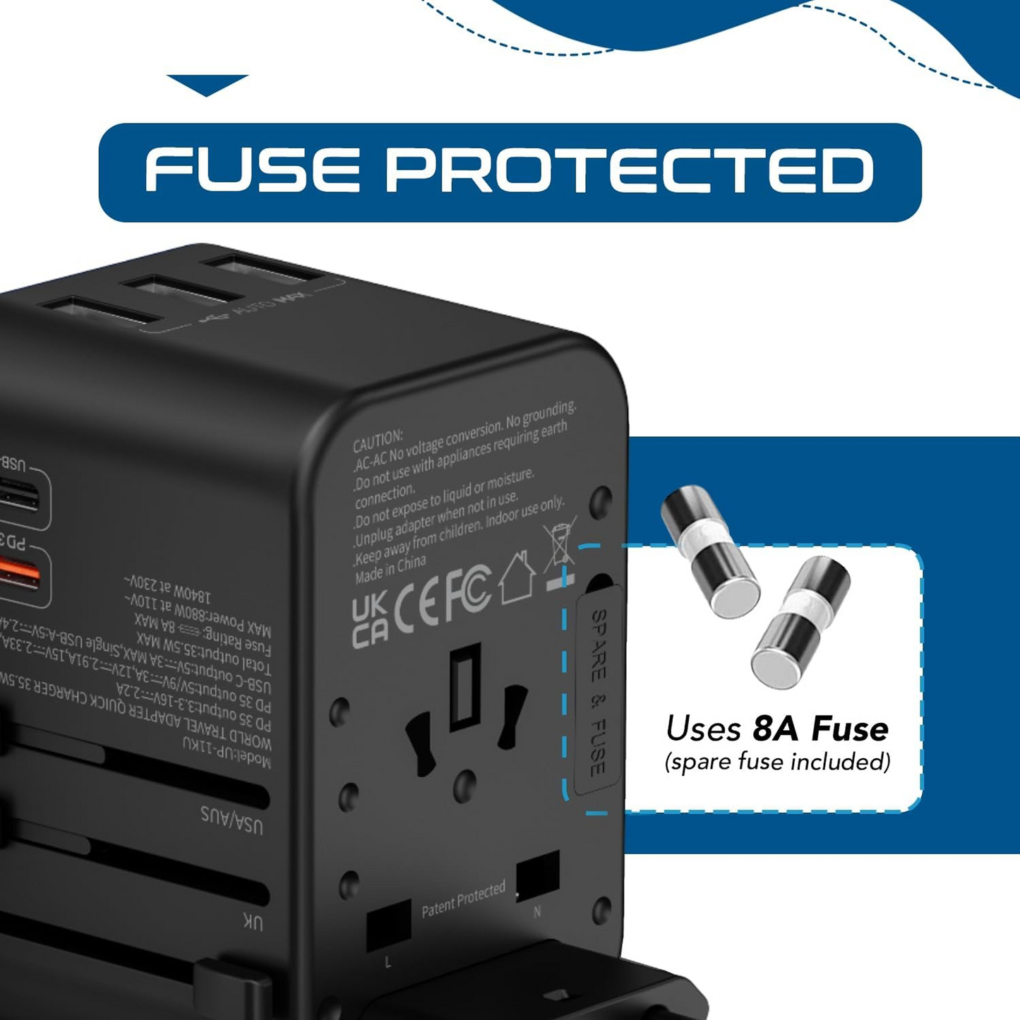 Universal Travel Adaptor-Converter-fuse protected