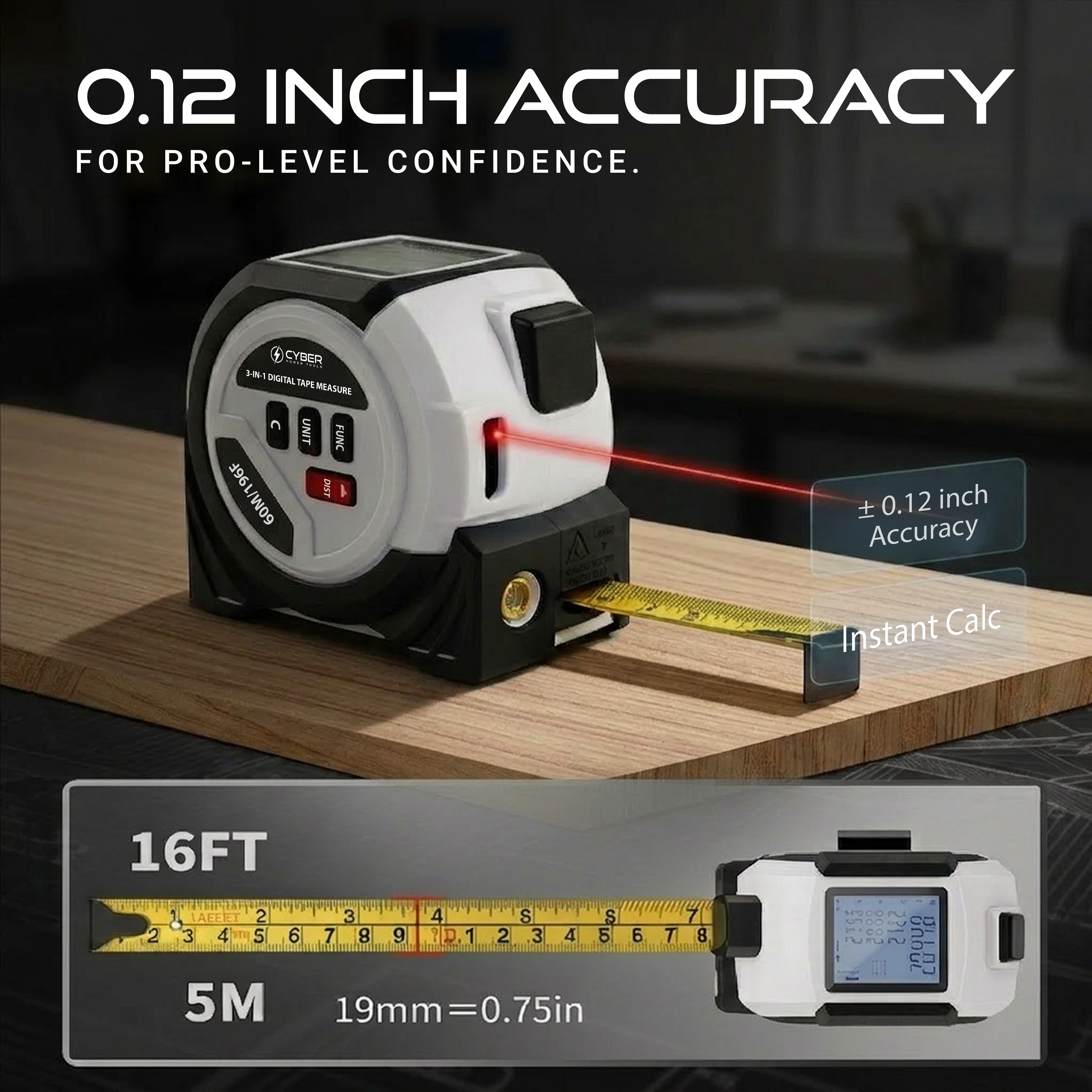 Cyber Measure Pro 3-in-1 Professional Laser Tape Measure